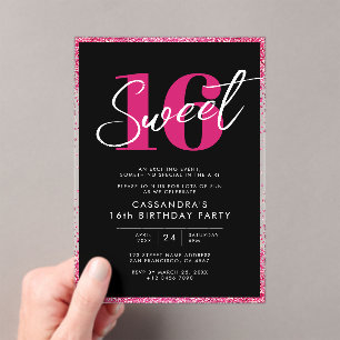 Elegant Rose Gold Pink & Black Sweet 16 Birthday  Acrylic Invitations