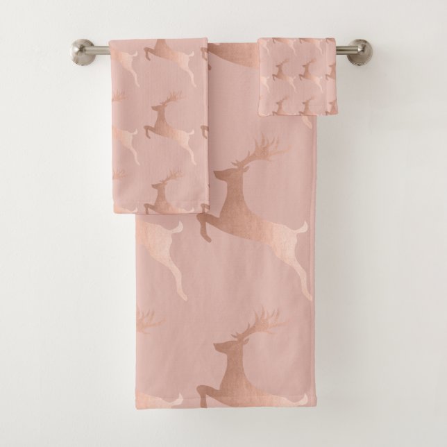 Elegant Rose Gold Pink Christmas Reindeer Pattern Bath Towel Set (Insitu)