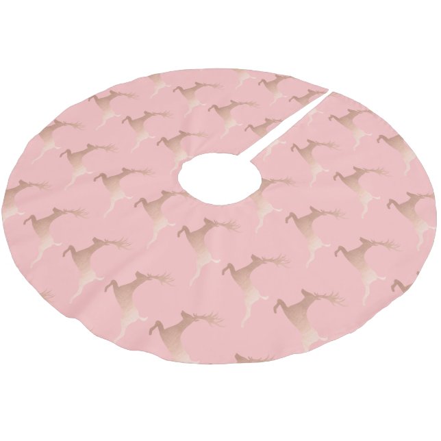 Elegant Rose Gold Pink Christmas Reindeer Pattern Brushed Polyester Tree Skirt (Angled)