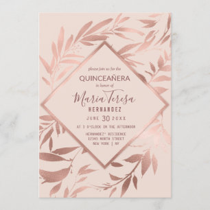 Elegant Rose Gold Pink Floral Leaves Quinceañera Invitation