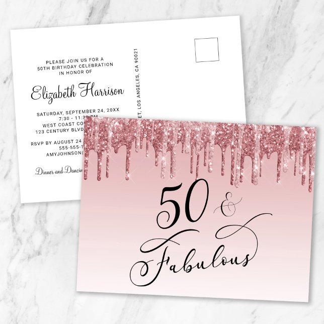 Elegant Rose Gold Pink Glitter 50th Birthday Party Invitation Postcard (Creator Uploaded)