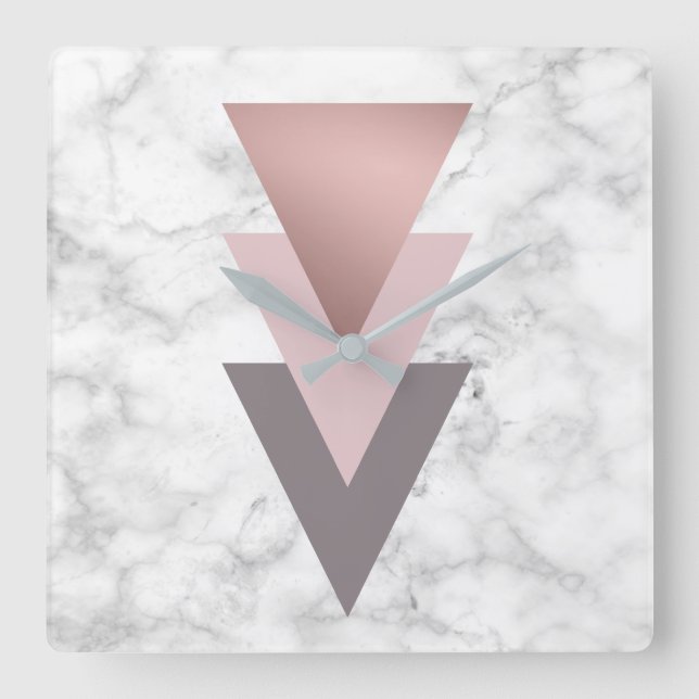 elegant rose gold pink gray triangles white marble square wall clock (Front)
