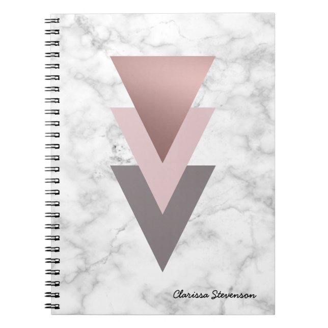 elegant rose gold pink grey triangles white marble notebook (Front)