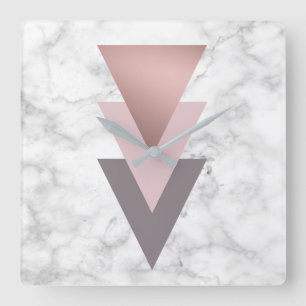 elegant rose gold pink grey triangles white marble square wall clock