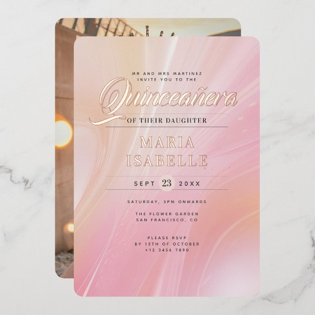Elegant Rose Gold Pink Marble Quinceañera Party (Front/Back)