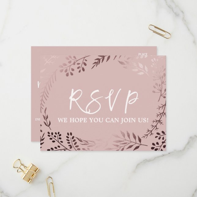 Elegant Rose Gold & Pink Menu Choice RSVP Postcard (Front/Back In Situ)