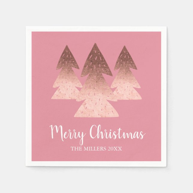 Elegant rose gold & pink Merry Christmas tree Napkin (Front)