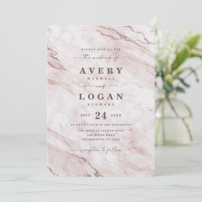 Elegant Rose Gold Pink Metallic Marble Wedding Invitation (Standing Front)