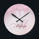 elegant rose gold purple glitter drip trendy round clock<br><div class="desc">An elegant mix of script with a personalised monogram on a faux rose gold purple girly glitter background.</div>