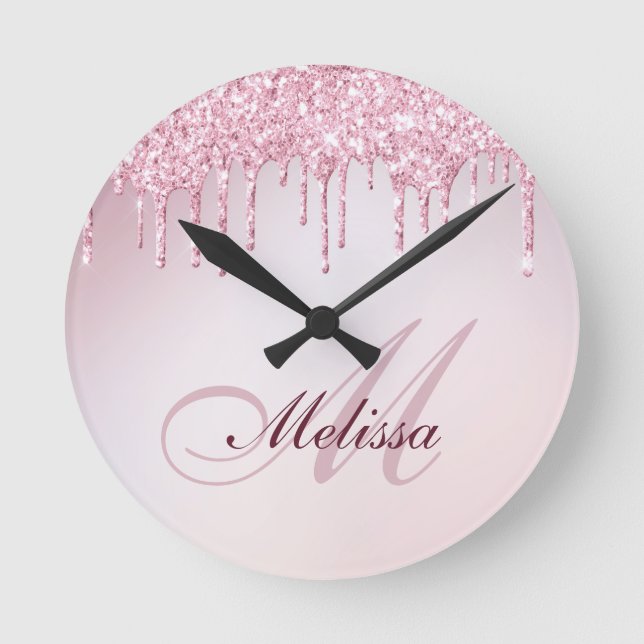 elegant rose gold purple glitter drip trendy round clock (Front)