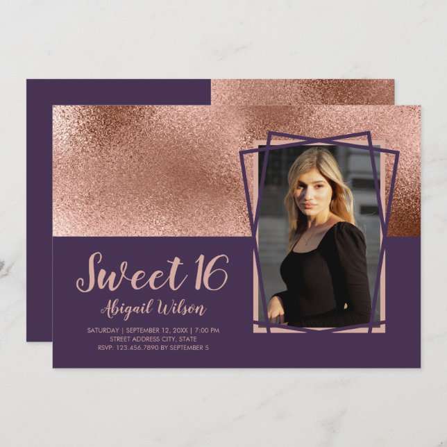 Elegant rose gold purple sweet sixteen birthday invitation (Front/Back)