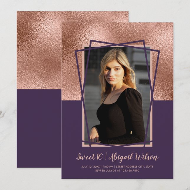 Elegant rose gold purple sweet sixteen birthday invitation (Front/Back)