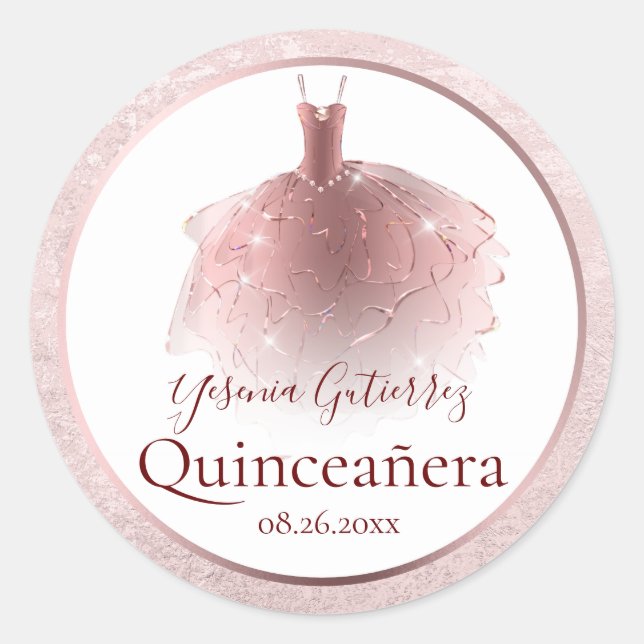 Elegant Rose Gold Quinceañera Dress Classic Round Sticker (Front)