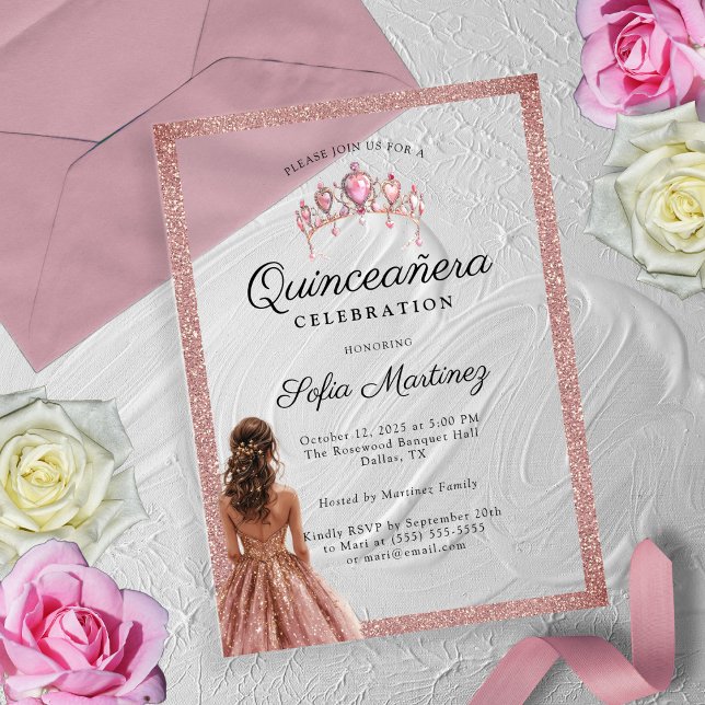Elegant Rose Gold Quinceañera Princess tiara Acrylic Invitations (Creator Uploaded)