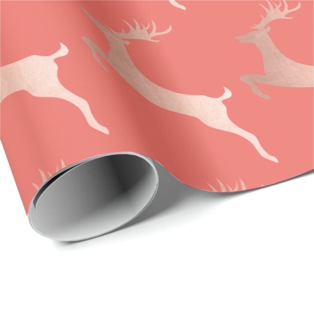 Elegant Rose Gold Red Christmas Reindeer Pattern Wrapping Paper (Roll Corner)