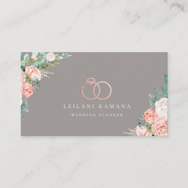 Elegant Rose Gold Rings Floral Business Card (Front)