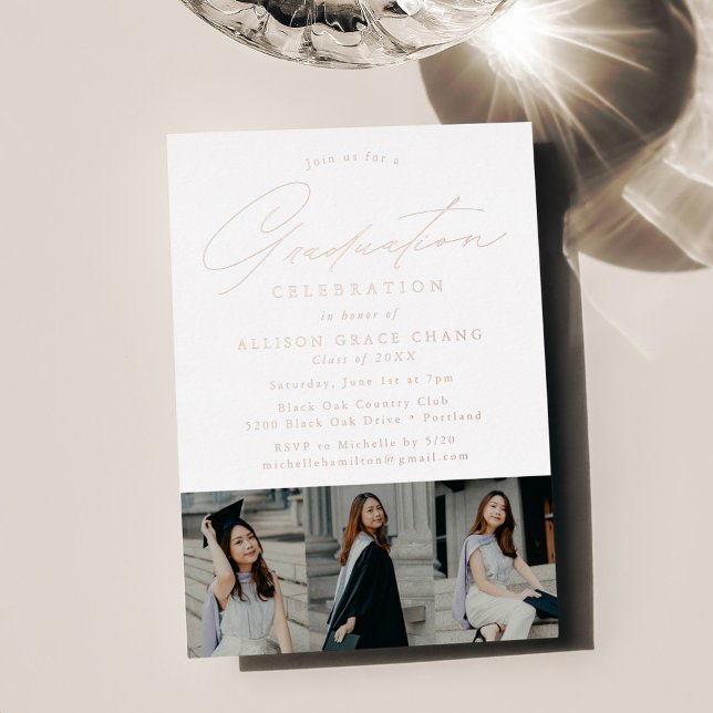 Elegant Rose Gold Script 3 Photo Graduation Party (Creator Uploaded)