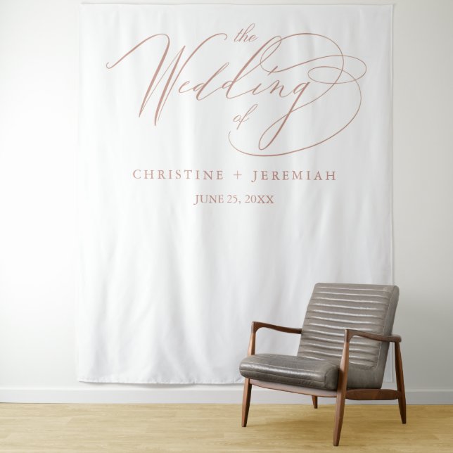 Elegant Rose Gold Script Calligraphy White Wedding Tapestry (In Situ)