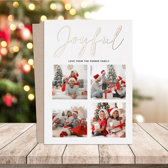 Elegant Rose Gold Script JOYFUL Modern Beige Photo Foil Holiday Card (Creator Uploaded)