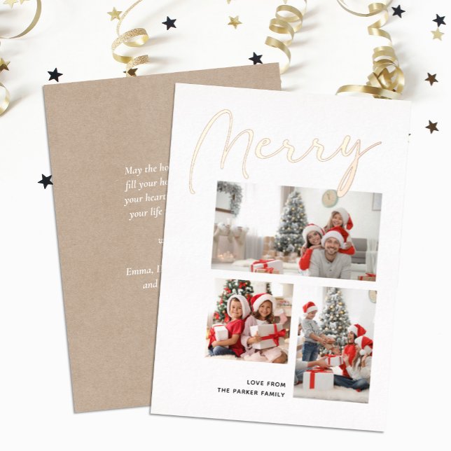 Elegant Rose Gold Script MERRY Modern Beige Photo Foil Holiday Card (Creator Uploaded)