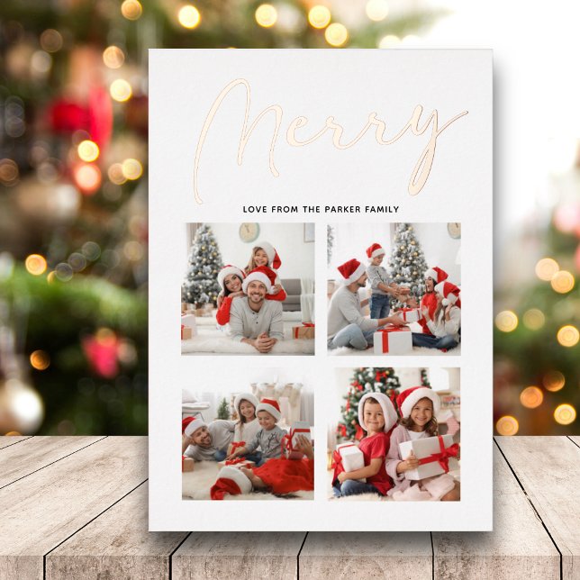 Elegant Rose Gold Script MERRY Modern Beige Photo  Foil Holiday Card (Creator Uploaded)