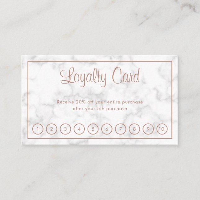 Elegant Rose Gold Script Modern Marble Business Loyalty Card (Front)
