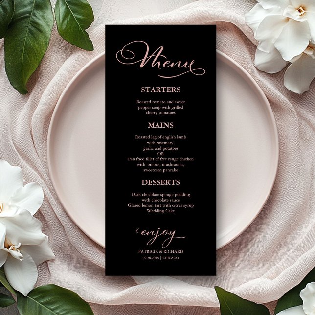 Elegant Rose Gold Script Modern Wedding Menu Card (Creator Uploaded)