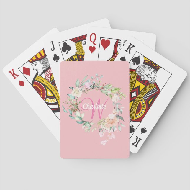 Elegant Rose Gold Script Monogram Floral Playing Cards (Back)