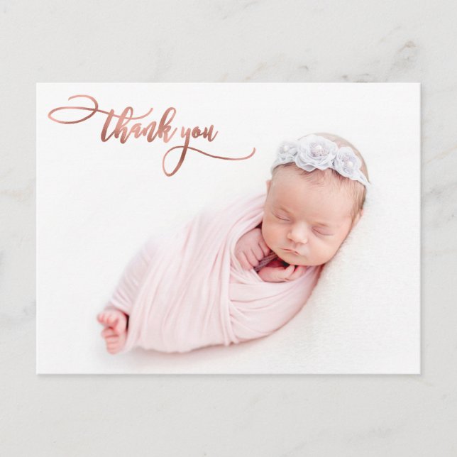 Elegant Rose Gold Script New Baby Photo Thank You Postcard (Front)