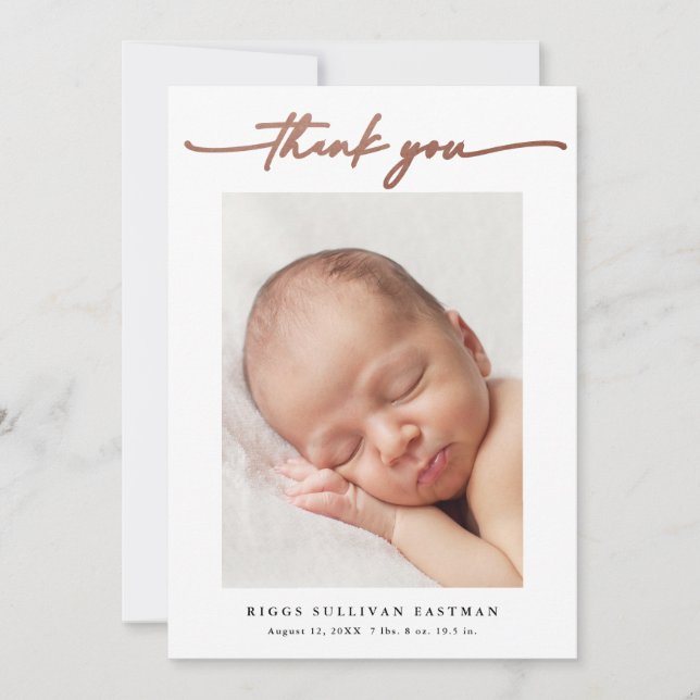 Elegant Rose Gold Script Photo Baby Thank You Card (Front)