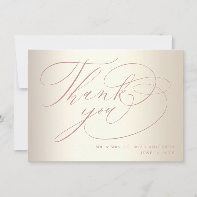 Elegant Rose Gold Script Shiny Champagne Wedding Thank You Card (Front)