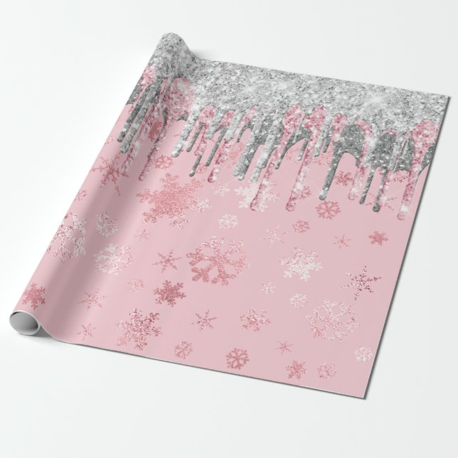 Elegant Rose Gold Silver Christmas Snowflakes Wrapping Paper (Unrolled)