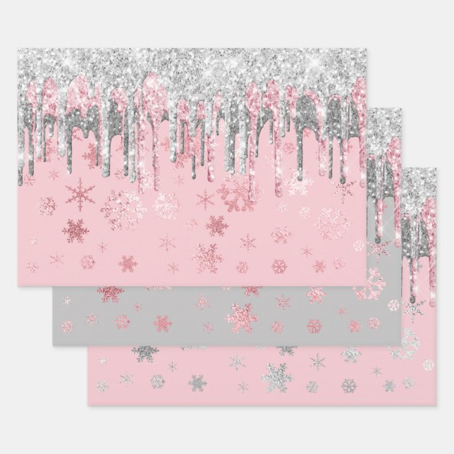 Elegant Rose Gold Silver Christmas Snowflakes  Wrapping Paper Sheet (Set)