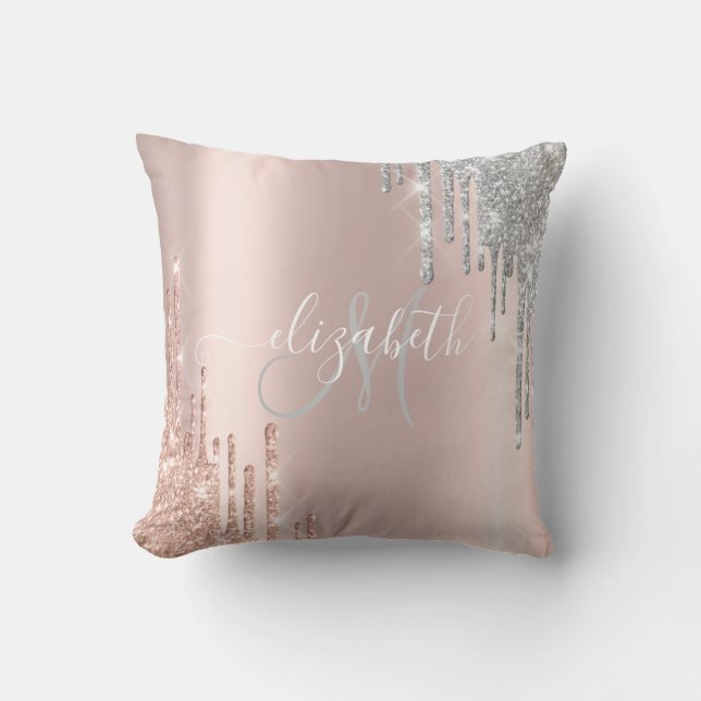 Elegant Rose Gold,Silver Glitter Drips Monogram Cushion (Front)