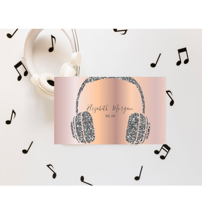Elegant Rose Gold Silver Glitter Headphone DJ Business Card (Creator Uploaded)