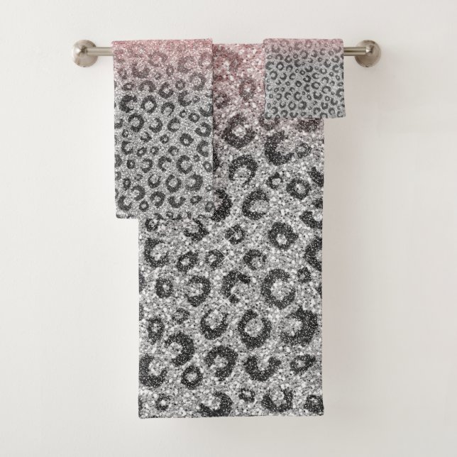  Elegant Rose Gold Silver Glitter Leopard Print Bath Towel Set (Insitu)