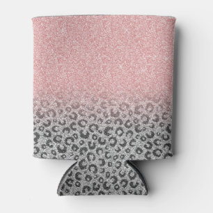 Elegant Rose Gold Silver Glitter Leopard Print Can Cooler