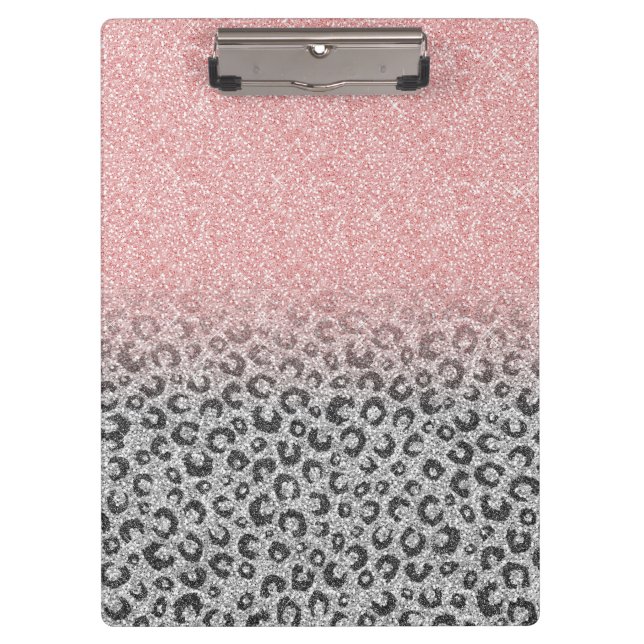  Elegant Rose Gold Silver Glitter Leopard Print Clipboard (Front)