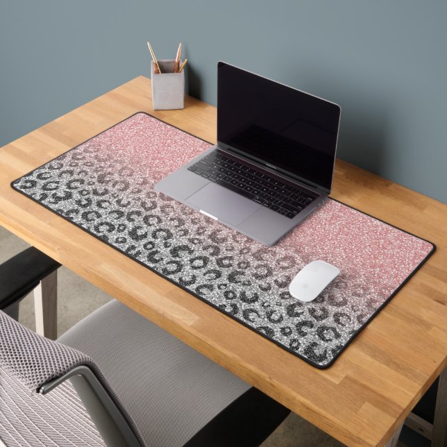  Elegant Rose Gold Silver Glitter Leopard Print Desk Mat (Office 2)