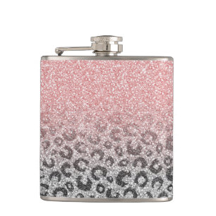 Elegant Rose Gold Silver Glitter Leopard Print Hip Flask