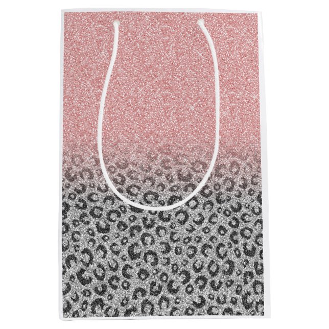  Elegant Rose Gold Silver Glitter Leopard Print Medium Gift Bag (Front)