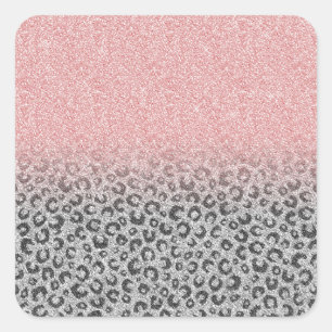 Elegant Rose Gold Silver Glitter Leopard Print Square Sticker