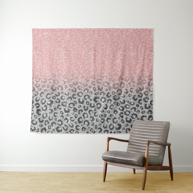  Elegant Rose Gold Silver Glitter Leopard Print Tapestry (In Situ (Horizontal))