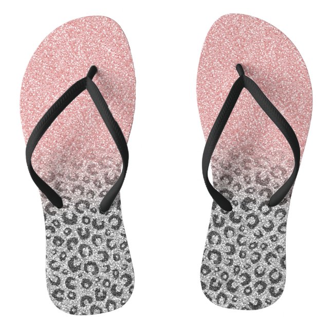  Elegant Rose Gold Silver Glitter Leopard Print Thongs (Footbed)