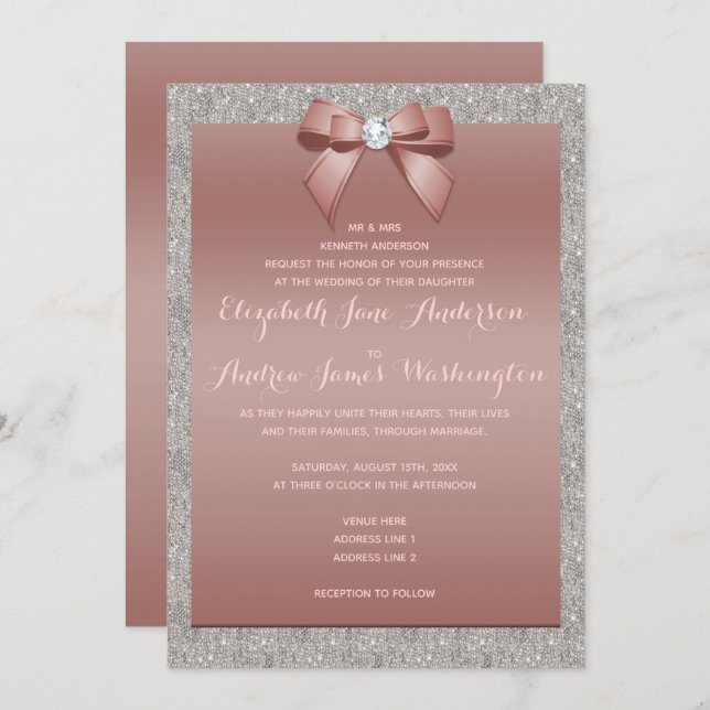 Elegant Rose Gold & Silver Glitter Wedding Invitation (Front/Back)