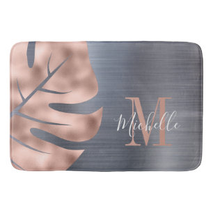 Elegant Rose Gold Silver Grey Monogram Bath Mat