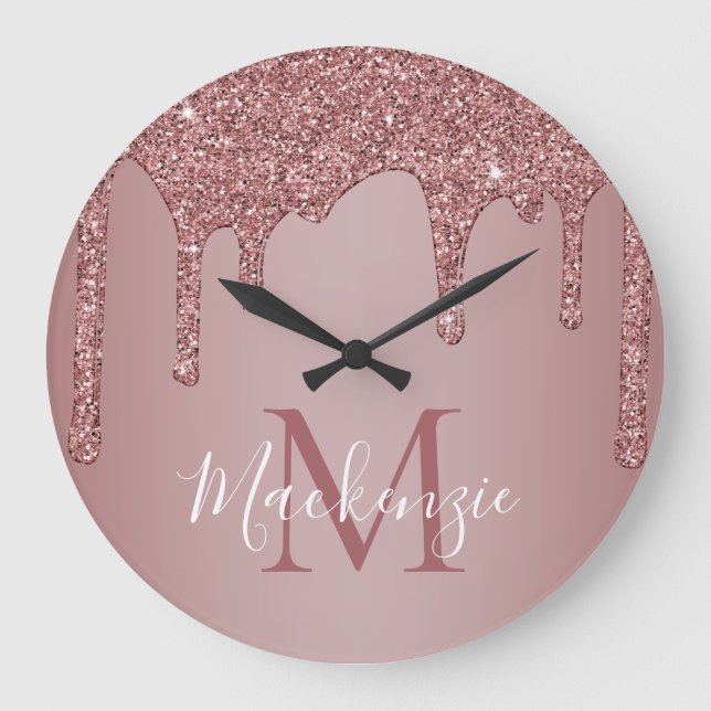 Elegant Rose Gold Sparkle Glitter Drips Monogram Large Clock (Front)