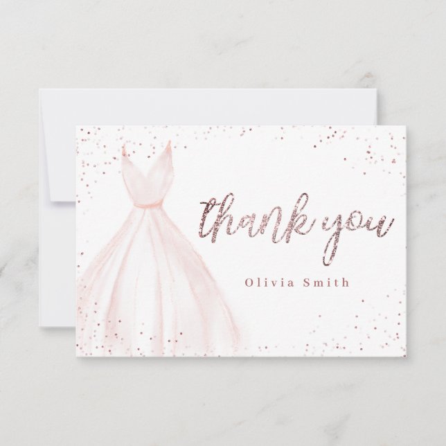 Elegant rose gold sparkle pink dress quinceañera t thank you card (Front)