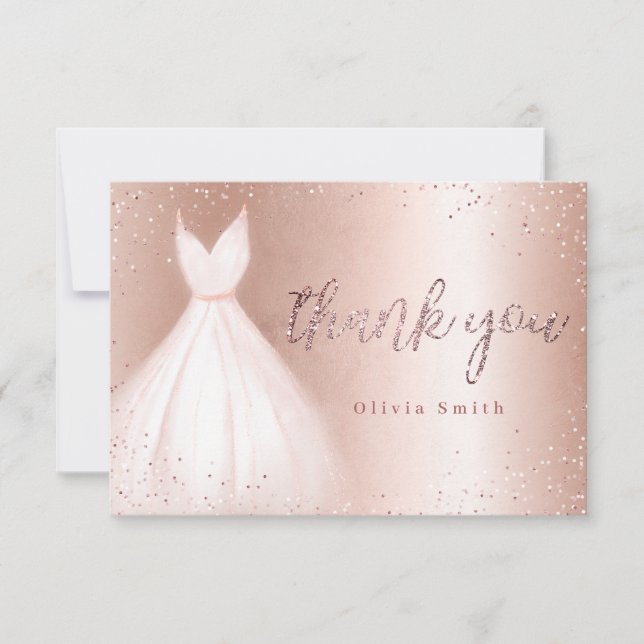 Elegant rose gold sparkle pink dress quinceañera thank you card (Front)