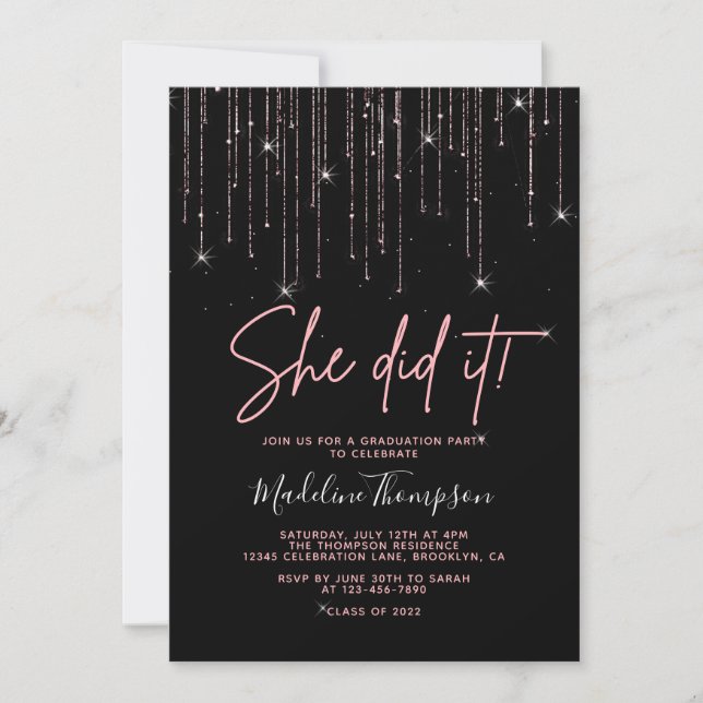 Elegant Rose Gold Sparkling She did it Graduation Invitation (Front)